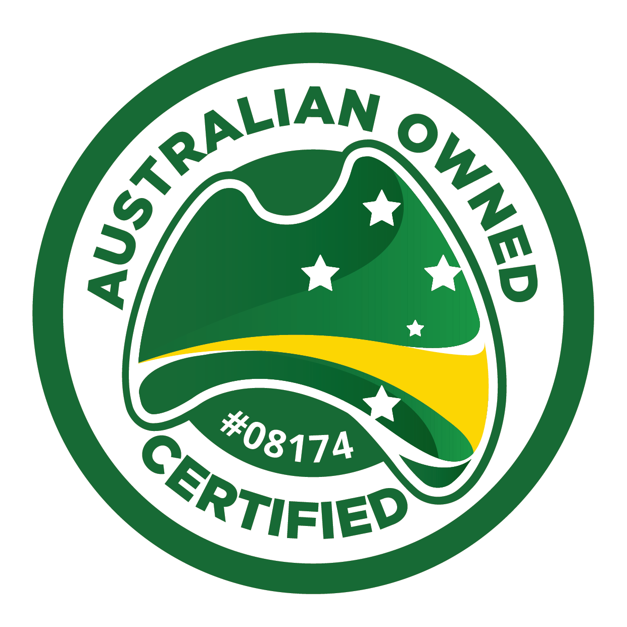 Australian Owned Certified logo with a hat and stars.