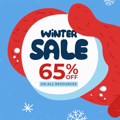 A winter sale advertisement offers 65% off all vet training resources.