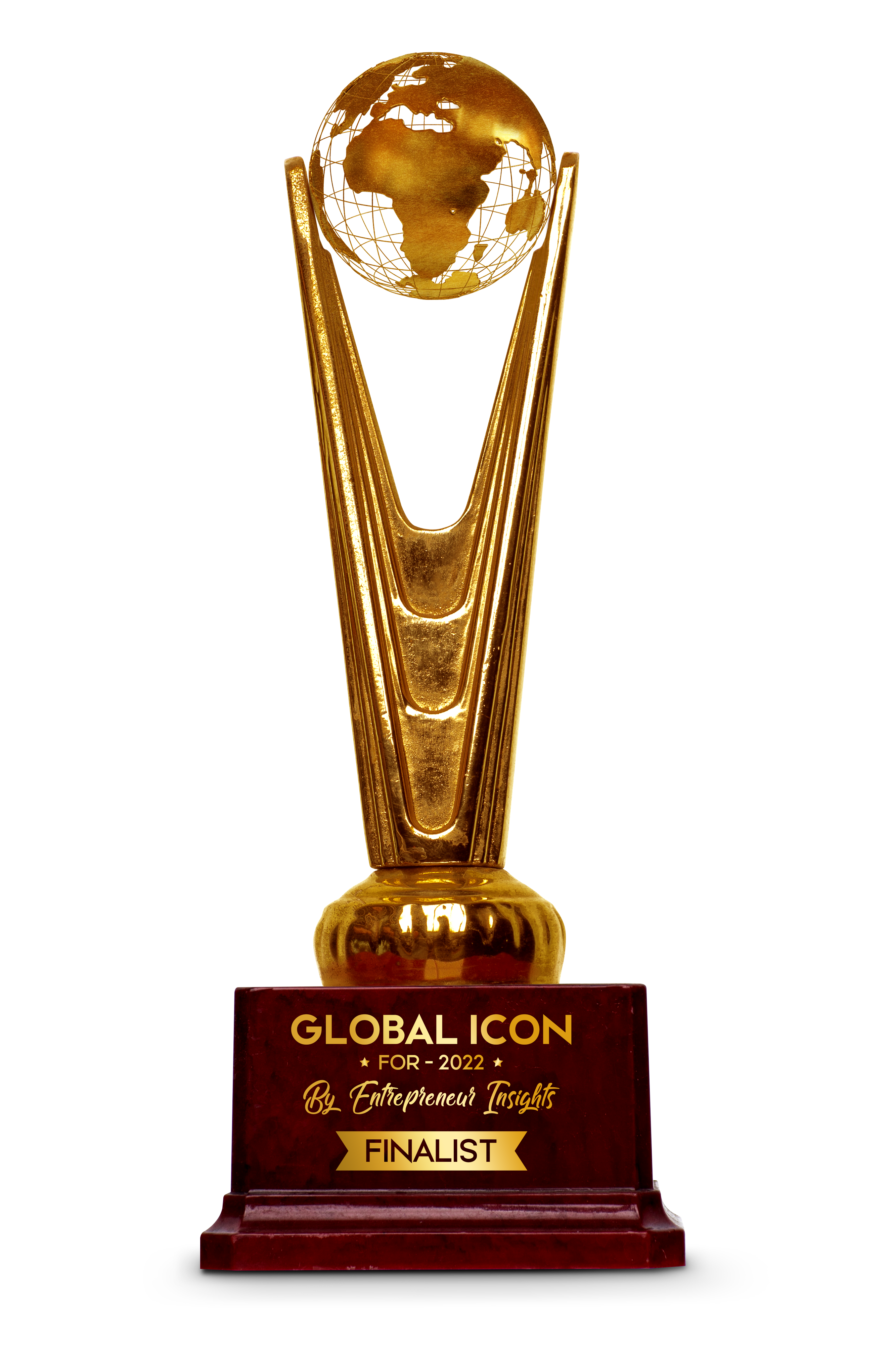 A golden trophy with a globe on top signifies CAQA Courses as a finalist in the Entrepreneur Insights Global Icon Awards.