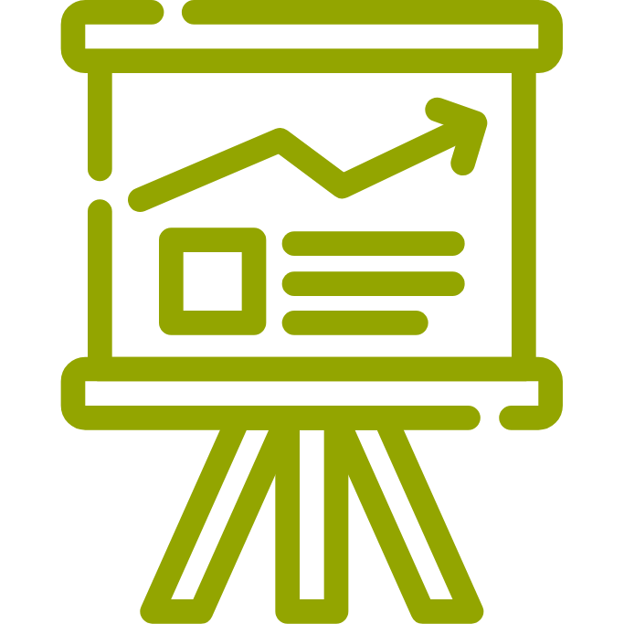 A presentation easel shows a line graph and bar chart illustrating data for vet training.