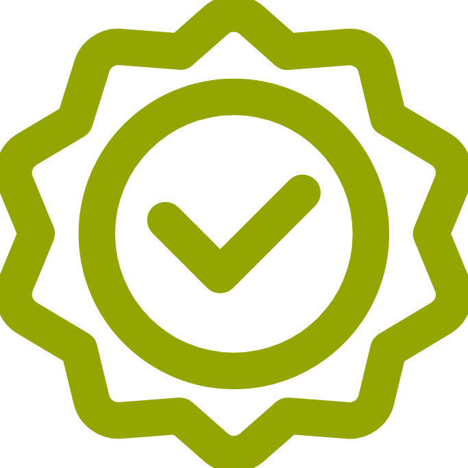 A green badge with a checkmark signifies approval or verification of quality.