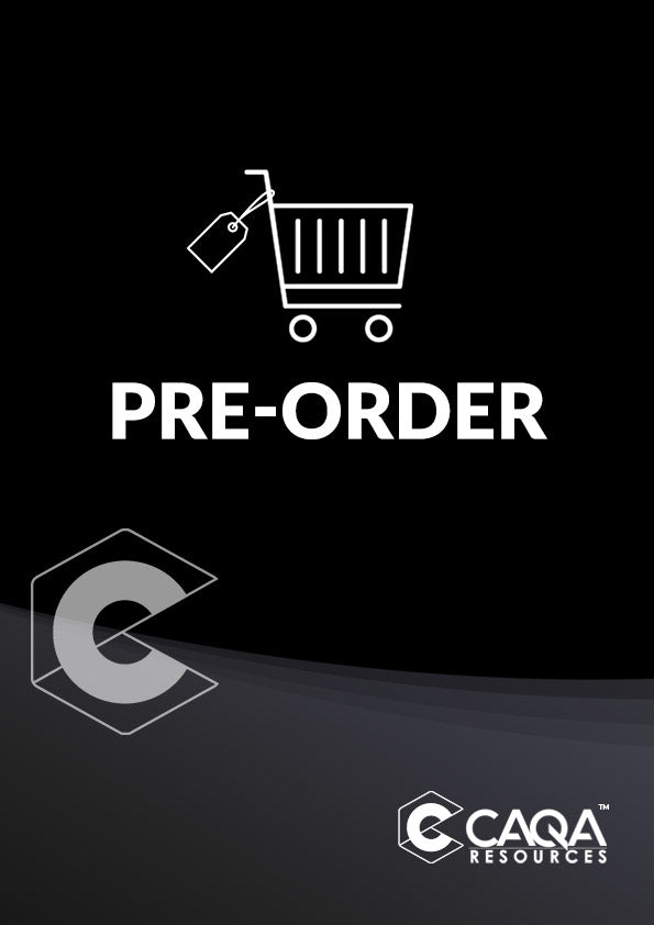 A pre-order announcement for a SCORM compliant package, featuring the CAQA Resources logo and shopping cart icon.