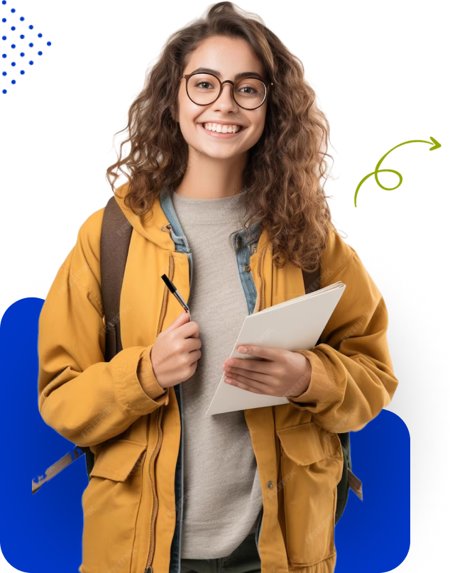 A smiling young woman with curly hair holds a notebook and pen, representing vet training.