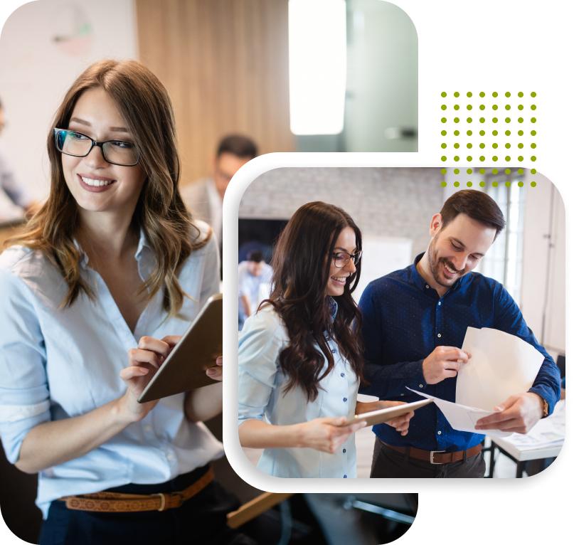 Business professionals collaborate and review documents, showcasing flexible vet training resources.