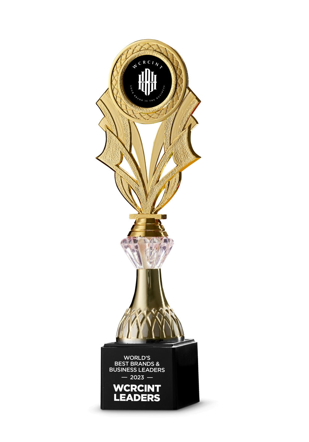 A golden WCRCINT Leaders award trophy signifies business leadership and achievement.