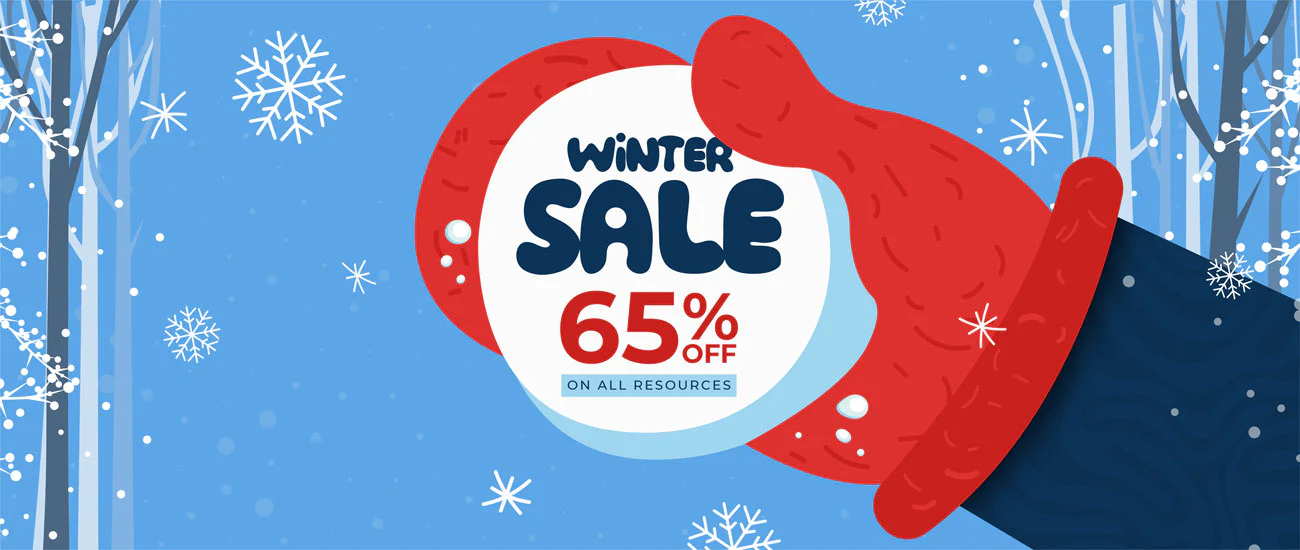 A winter sale banner advertises a 65% discount on all VET training resources.